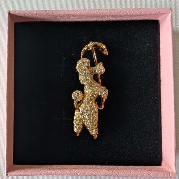 Vintage Poodle Brooch Umbrella Rhinestone Gold-Tone - Picture 2 of 14